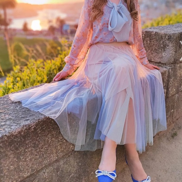 COLOR BLOCK PANELLED MESH FRILLING MAXI SKIRT IN APRICOT small/medium - Picture 4 of 16